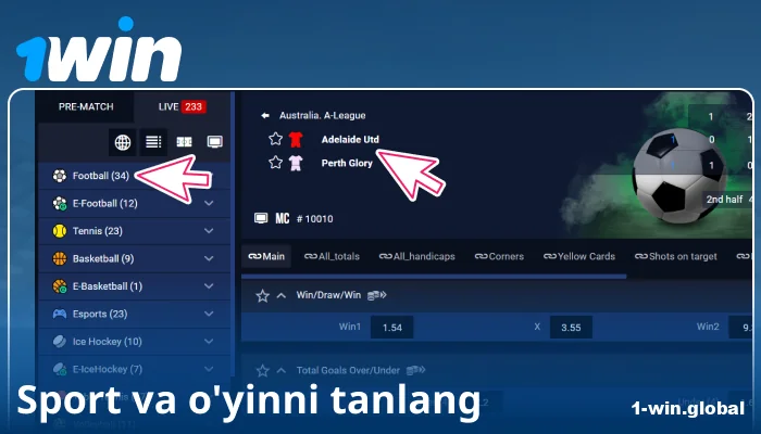 1Win UZ da sport voqeasini tanlang