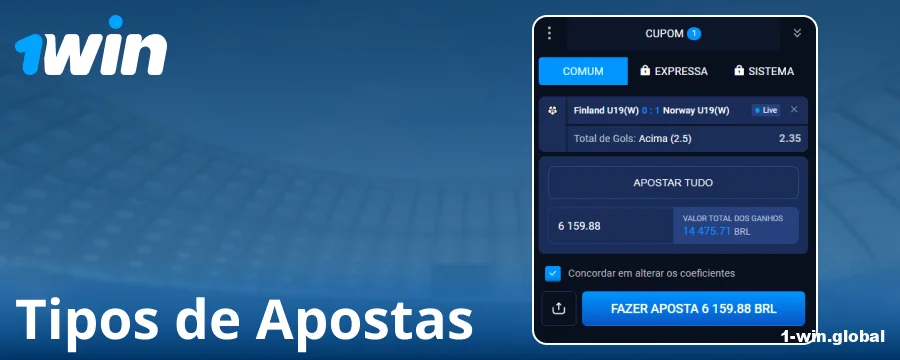 Tipos de apostas disponíveis no 1Win Brasil
