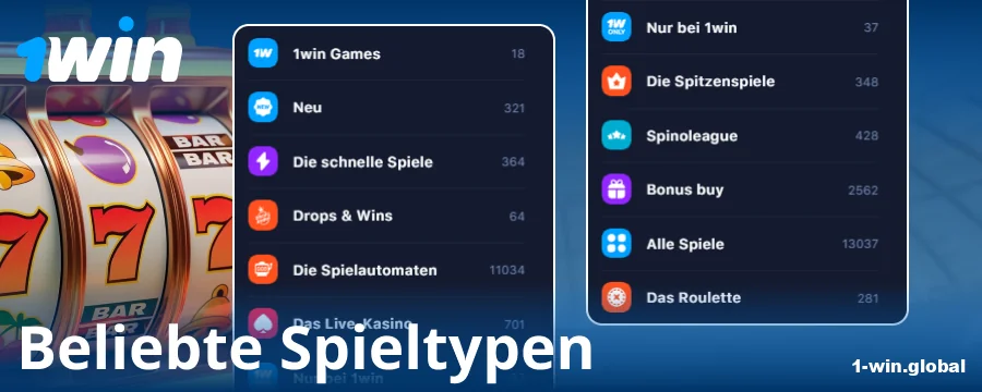 Arten von Spielen im Online-Casino 1Win Deutschland