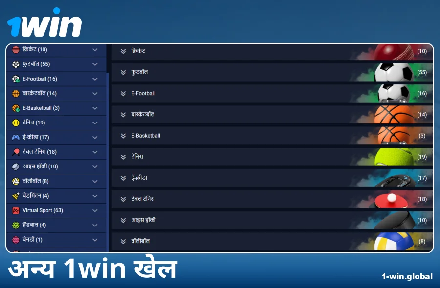 1Win इंडिया बुकमेकर के उपलब्ध खेल प्रकार